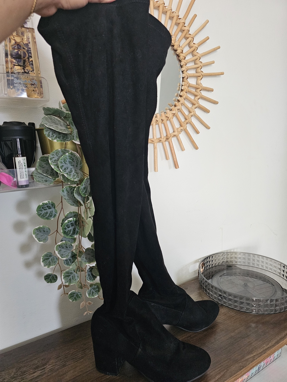 Over-the-Knee Black Suede Block Heel Boots - Picture 8 of 8
